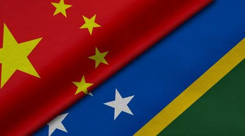 3D Rendering of two flags from China and Solomon Islands together with fabric Stock Illustration
