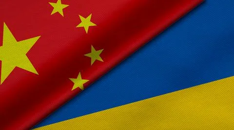 3D Rendering of two flags from China and ukraine together with fabric texture Stock Illustration