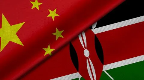 3D Rendering of two flags from China and Republic of Kenya together with fabr Stock Illustration