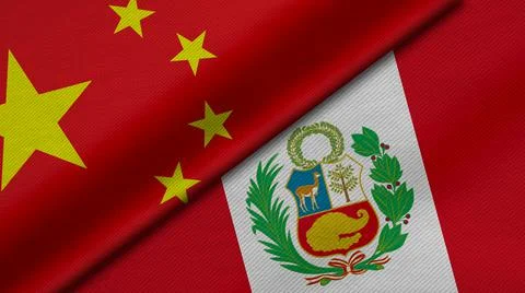 3D Rendering of two flags from China and  Republic of Peru together with fabr Stock Illustration
