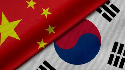 3D Rendering of two flags from China and Republic of Korea together with fabr Stock Illustration