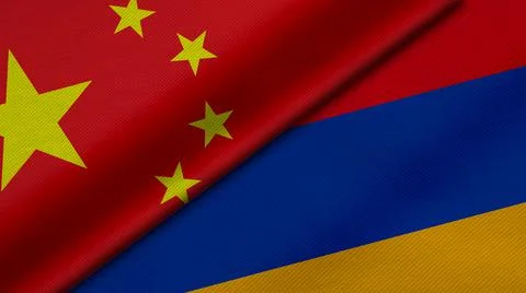 3D Rendering of two flags from China and Republic of Armenia with fabric text Stock Illustration