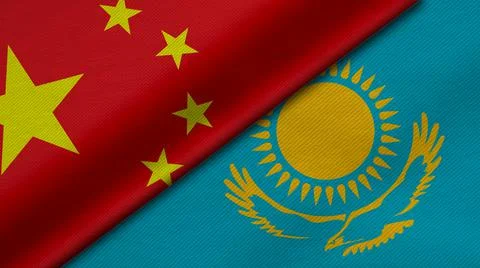 3D Rendering of two flags from China and Republic of Kazakhstan with fabric t Illustrazione stock