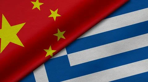 3D Rendering of two flags from China and greece with fabric texture, bilatera Stock Illustration