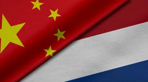 3D Rendering of two flags from China and Netherlands with fabric texture, bil Stock Illustration