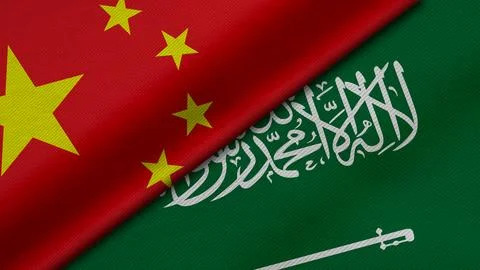 3D Rendering of two flags from China and Islamic Republic of Iran together .. Illustrazione stock