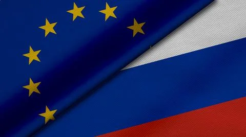 3D Rendering of two flags from European Union and Russian Federation together Stock Illustration