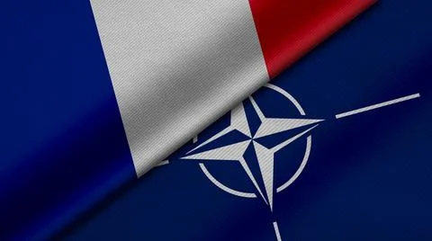 3D Rendering of two flags from French Republic and Nato together with fabric  Stock Illustration