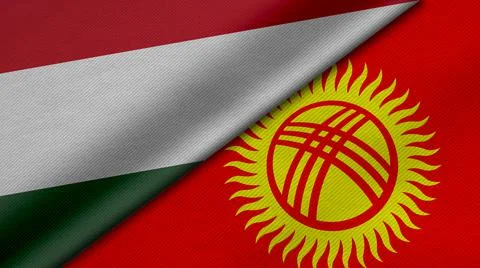 3D rendering of two flags of Hungary and Kyrgyz Republic together with fabric Stock Illustration