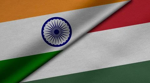 3D rendering of two flags of India and Hungary together with fabric texture,  Foto stock