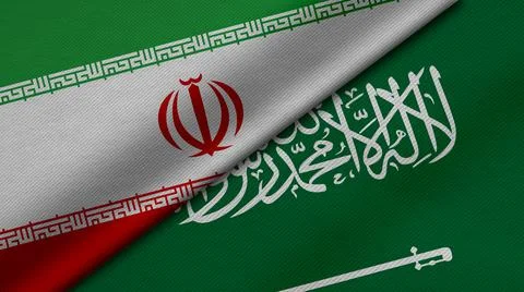 3D Rendering of two flags of Islamic Republic of Iran and Saudi Arabia togeth Foto stock