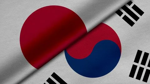 3D Rendering of two flags from japan and Republic of Korea together with fabr Illustrazione stock