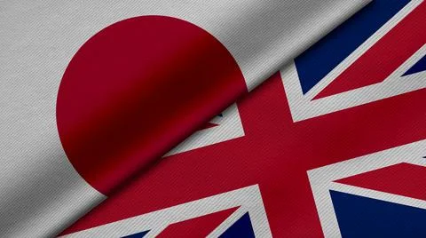 3D Rendering of two flags from Japan and United Kingdom or Britain together w Stock Illustration