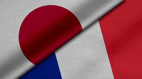 3D Rendering of two flags from Japan and French Republic together with fabric Stock Illustration