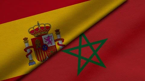 3D rendering of two flags of Kingdom of Spain and Kingdom of Morocco together Illustrazione stock