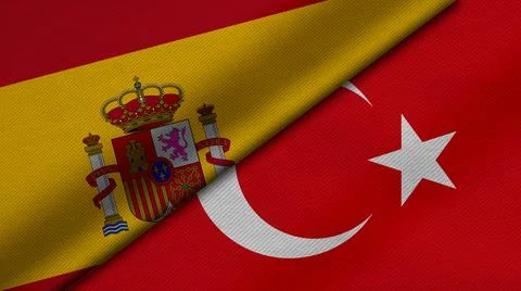 3D rendering of two flags of Kingdom of Spain and Republic of Turkey together Stock Illustration
