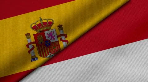 3D Rendering of two flags from Kingdom of Spain and Republic of Indonesia tog Illustrazione stock