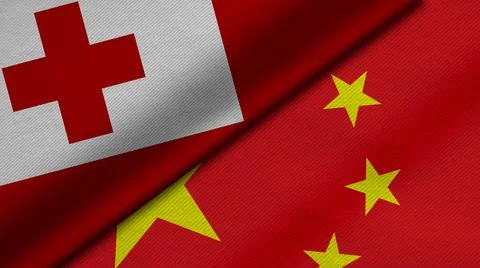 3D Rendering of two flags from Kingdom of Tonga and China with fabric texture Illustrazione stock