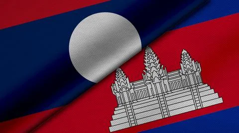 3D Rendering of two flags from Laos and Kingdom of Cambodia together with fab Illustrazione stock