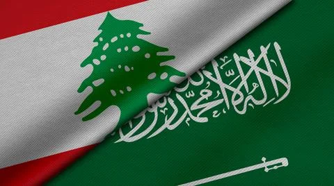 3D Rendering of two flags of Lebanon and Saudi Arabia together with fabric te Illustrazione stock