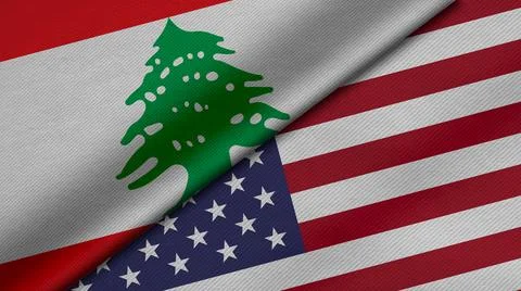3D rendering of two flags of Lebanon and United States of America together wi Stock Illustration
