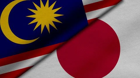 3D Rendering of two flags from Malaysia and japan together with fabric textur Stock Illustration