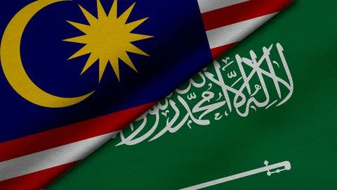 3D Rendering of two flags from Malaysia and Islamic Republic of Iran together Illustrazione stock