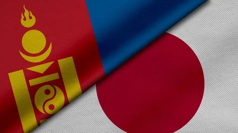 3D Rendering of two flags from Mongolia and japan together with fabric textur Stock Illustration