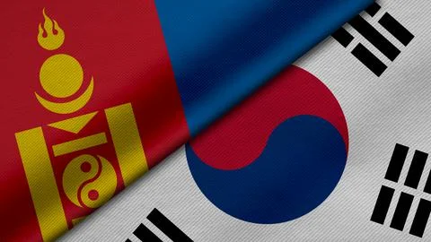 3D Rendering of two flags from Mongolia and Republic of Korea together with f Illustrazione stock