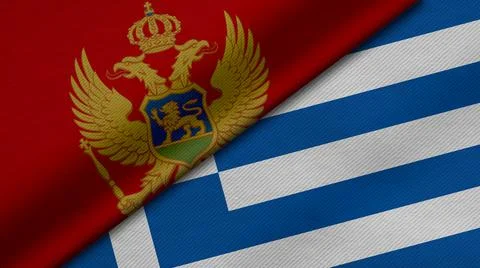 3D rendering of two flags of Montenegro and Greece together with fabric textu Stock Illustration