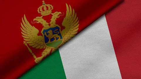 3D rendering of two flags of Montenegro and Italian Republic together with fa Stock Illustration