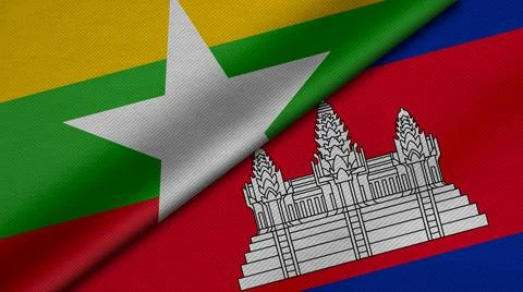 3D Rendering of two flags from myanmar and Kingdom of Cambodia together with  Stock Illustration