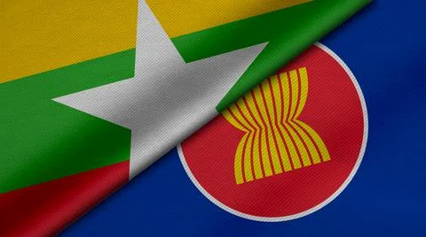 3D Rendering of two flags from myanmar and Asean together with fabric texture Stock Illustration