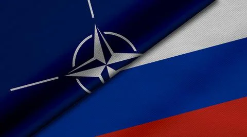 3D Rendering of two flags from Nato and Russian Federation together with fabr Stock Illustration