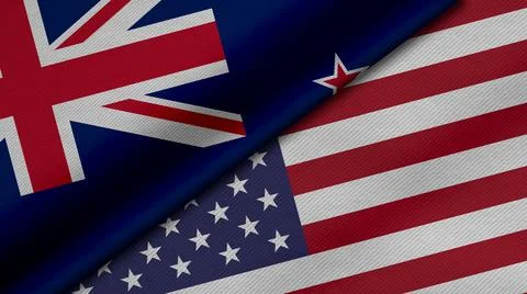 3D Rendering of two flags of New Zealand and United States of America togethe Stock Illustration