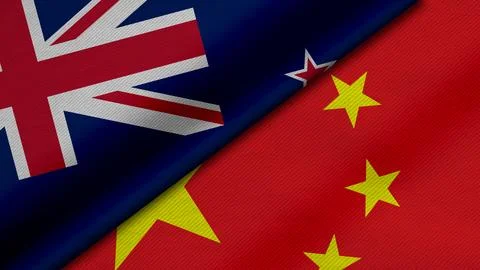 3D Rendering of two flags of New Zealand and China together with fabric tex.. Stock Illustration