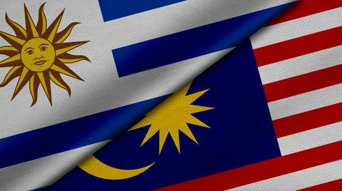 3D Rendering of two flags of Oriental Republic of Uruguay and Malaysia togeth Stock Illustration