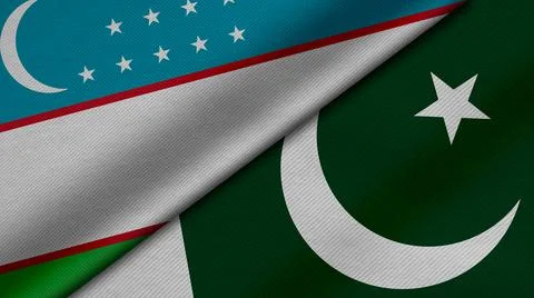 3D rendering of two flags of Republic of Uzbekistan and pakistan together wit Illustrazione stock