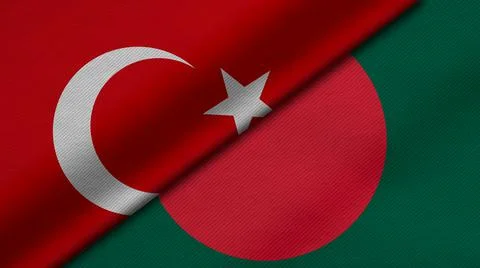 3D rendering of two flags of Republic of Turkey and People's Republic of Bang Stock Illustration