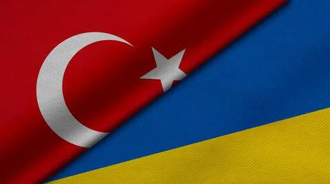 3D rendering of two flags of Republic of Turkey and ukraine together with fab Stock Illustration