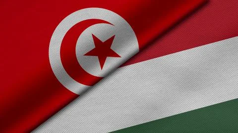 3D rendering of two flags of Republic of Tunisia and Hungary together with fa Stock Illustration