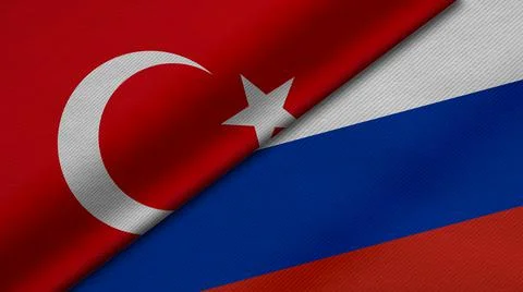 3D Rendering of two flags from Republic of Turkey and Russian Federation toge Illustrazione stock