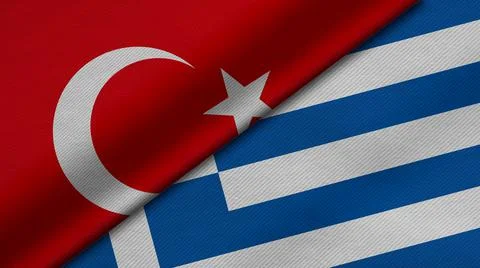 3D rendering of two flags of Republic of Turkey and Greece together with fabr Stock Illustration