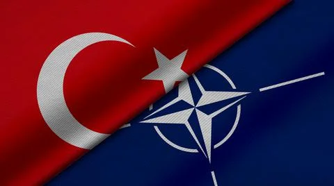 3D rendering of two flags of Republic of Turkey and Nato together with fabric Illustrazione stock