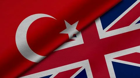3D rendering of two flags of Republic of Turkey and United Kingdom or Britain Stock Illustration