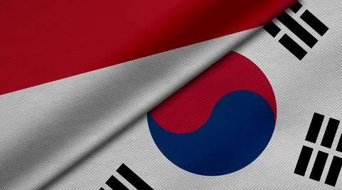 3D Rendering of two flags from Republic of Indonesia and Republic of Korea to Illustrazione stock