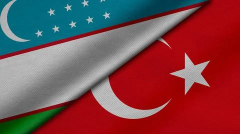 3D rendering of two flags of Republic of Uzbekistan and Republic of Turkey to Stock Illustration