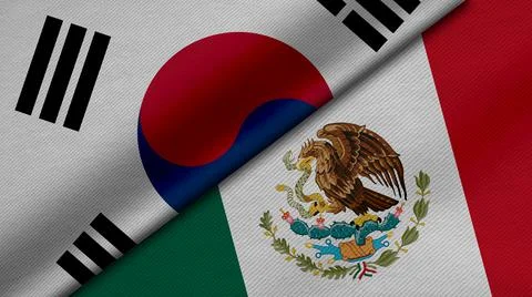 3D Rendering of two flags from Republic of Korea and United Mexican States to Stock Illustration