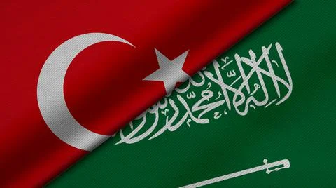 3D Rendering of two flags of Republic of Turkey and Saudi Arabia together wit Stock Illustration