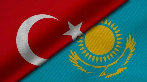 3D Rendering of two flags from Republic of Turkey and Republic of Kazakhstan  Stock Illustration